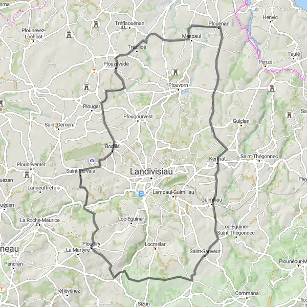 Miniature de la carte de l'inspiration cycliste "Les trésors de la campagne bretonne" dans la Bretagne, France. Générée par le planificateur d'itinéraire cycliste Tarmacs.app