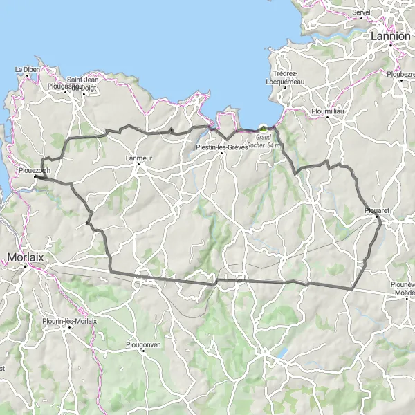 Miniature de la carte de l'inspiration cycliste "Le Circuit des Côtes Bretonnes" dans la Bretagne, France. Générée par le planificateur d'itinéraire cycliste Tarmacs.app