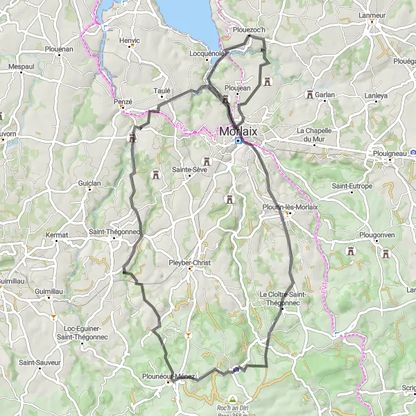Map miniature of "Breath-taking Plourin-lès-Morlaix and Plounéour-Ménez" cycling inspiration in Bretagne, France. Generated by Tarmacs.app cycling route planner