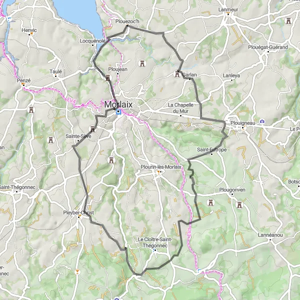 Miniature de la carte de l'inspiration cycliste "La boucle de Garlan" dans la Bretagne, France. Générée par le planificateur d'itinéraire cycliste Tarmacs.app