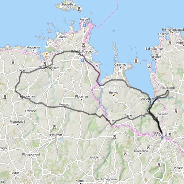 Map miniature of "Morlaix to Plouezoc'h on Road" cycling inspiration in Bretagne, France. Generated by Tarmacs.app cycling route planner