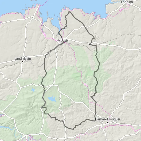 Miniature de la carte de l'inspiration cycliste "Les monts de l'Armorique" dans la Bretagne, France. Générée par le planificateur d'itinéraire cycliste Tarmacs.app