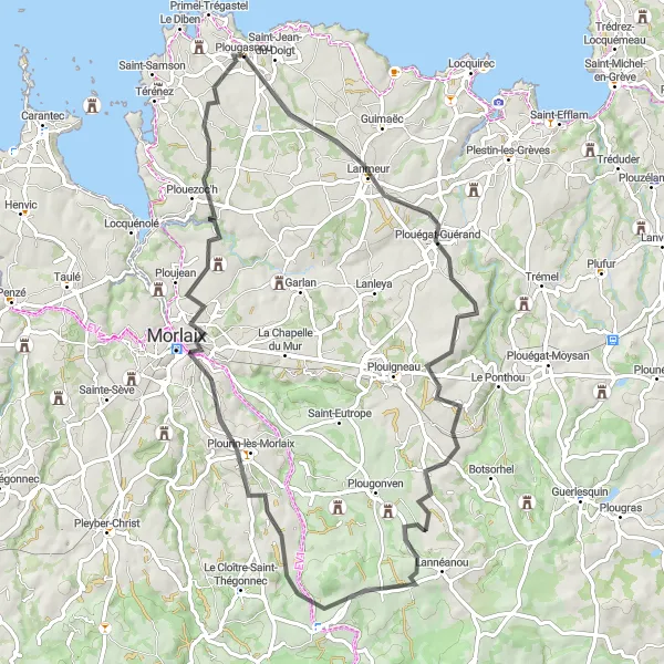 Map miniature of "Coastal Ride to Morlaix" cycling inspiration in Bretagne, France. Generated by Tarmacs.app cycling route planner