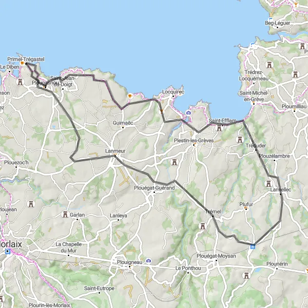 Map miniature of "Circuit de Plougasnou" cycling inspiration in Bretagne, France. Generated by Tarmacs.app cycling route planner