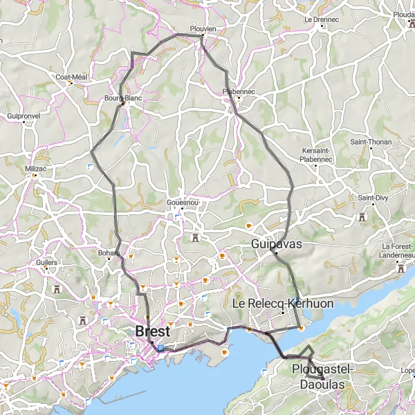 Map miniature of "Plougastel-Daoulas to Brest Cycling Route" cycling inspiration in Bretagne, France. Generated by Tarmacs.app cycling route planner