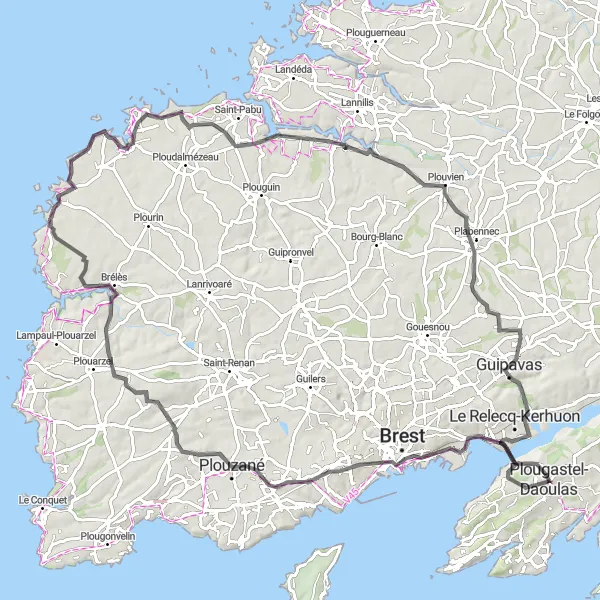 Map miniature of "Coastal Ride with Spectacular Views and Manoir de Kerscao" cycling inspiration in Bretagne, France. Generated by Tarmacs.app cycling route planner