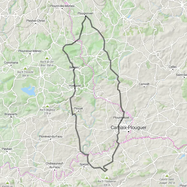 Map miniature of "Huelgoat and Manoir de Mézedern Loop" cycling inspiration in Bretagne, France. Generated by Tarmacs.app cycling route planner