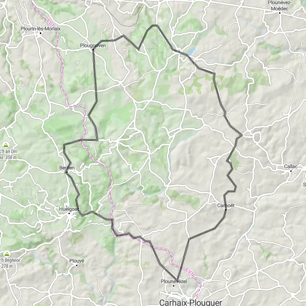 Map miniature of "Guerlesquin and Plounévézel Loop" cycling inspiration in Bretagne, France. Generated by Tarmacs.app cycling route planner