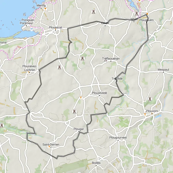 Map miniature of "Trézilidé Adventure" cycling inspiration in Bretagne, France. Generated by Tarmacs.app cycling route planner