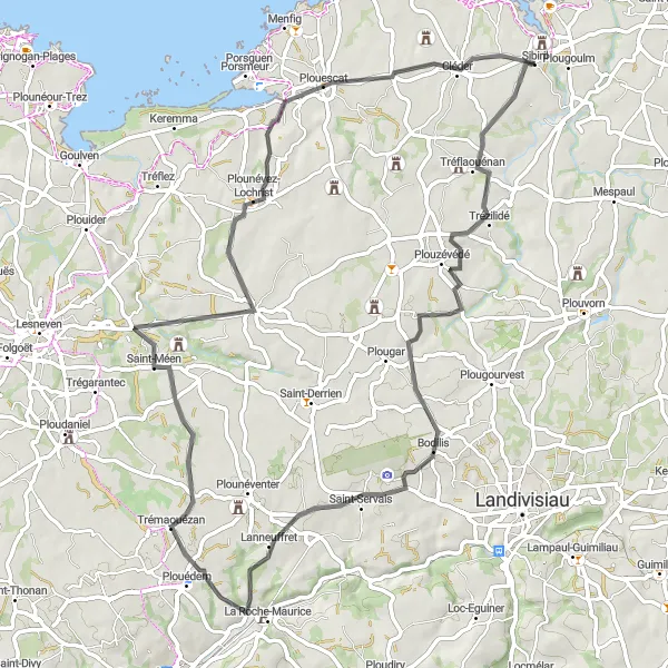 Map miniature of "Sibiril Loop" cycling inspiration in Bretagne, France. Generated by Tarmacs.app cycling route planner