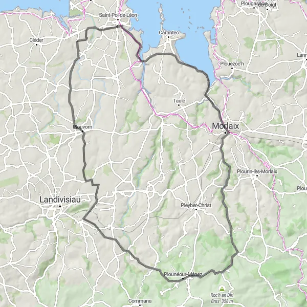 Map miniature of "Mystical Landscapes of Morlaix" cycling inspiration in Bretagne, France. Generated by Tarmacs.app cycling route planner