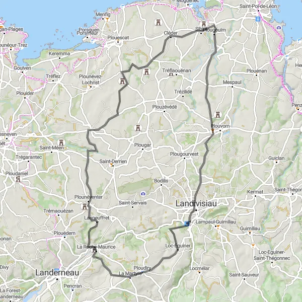 Miniature de la carte de l'inspiration cycliste "Escapade bretonne autour de Plougoulm" dans la Bretagne, France. Générée par le planificateur d'itinéraire cycliste Tarmacs.app
