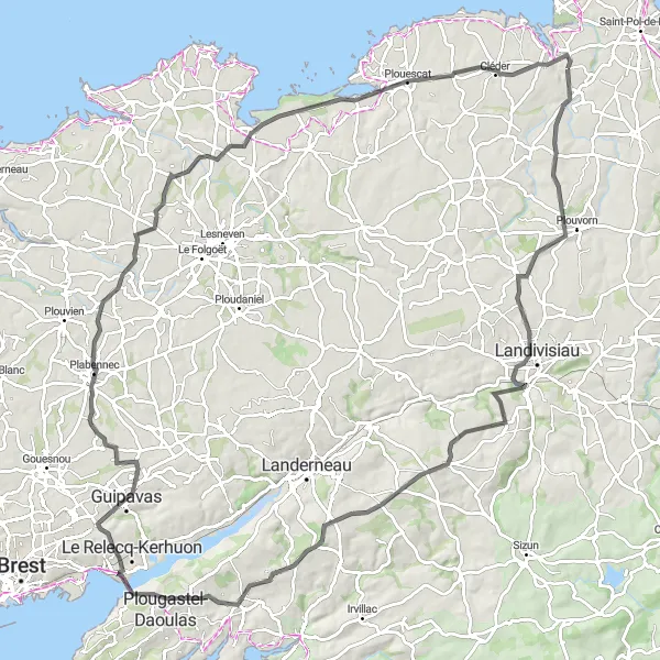 Miniature de la carte de l'inspiration cycliste "La boucle de Plougoulm et ses environs" dans la Bretagne, France. Générée par le planificateur d'itinéraire cycliste Tarmacs.app