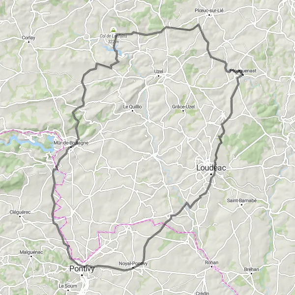 Map miniature of "The Loudéac Loop" cycling inspiration in Bretagne, France. Generated by Tarmacs.app cycling route planner