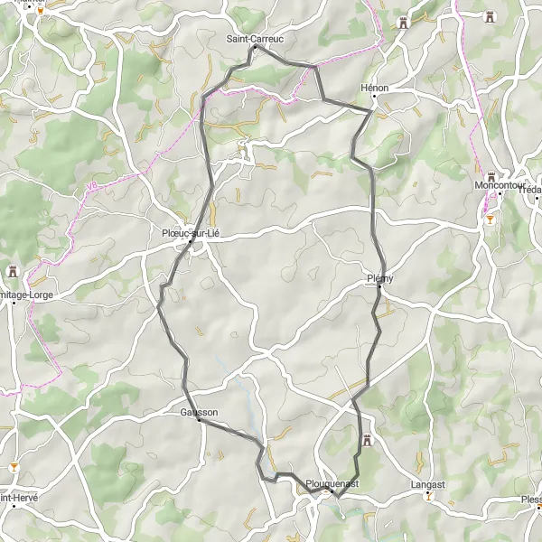 Map miniature of "Gausson and Saint-Carreuc Loop" cycling inspiration in Bretagne, France. Generated by Tarmacs.app cycling route planner