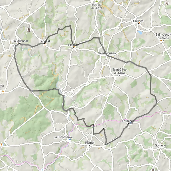 Map miniature of "Plouguenast and Saint-Gouéno Loop" cycling inspiration in Bretagne, France. Generated by Tarmacs.app cycling route planner