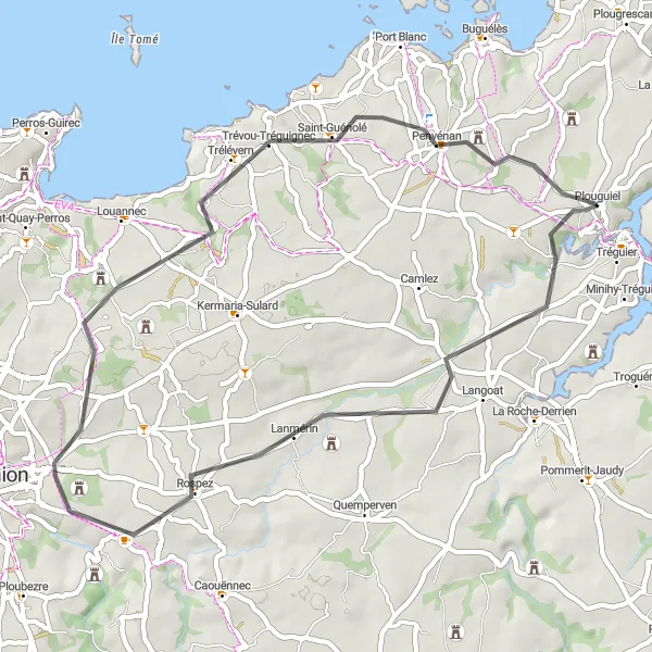 Miniature de la carte de l'inspiration cycliste "Boucle cycliste autour de Trélévern" dans la Bretagne, France. Générée par le planificateur d'itinéraire cycliste Tarmacs.app