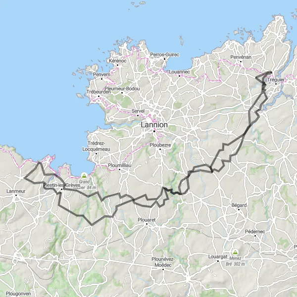 Miniature de la carte de l'inspiration cycliste "Exploration des trésors du Trégor à vélo" dans la Bretagne, France. Générée par le planificateur d'itinéraire cycliste Tarmacs.app
