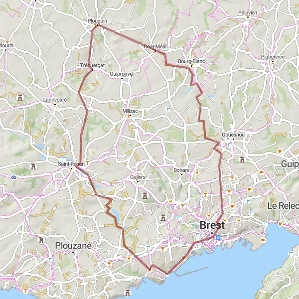 Miniature de la carte de l'inspiration cycliste "Boucle Bourg-Blanc - Tréouergat" dans la Bretagne, France. Générée par le planificateur d'itinéraire cycliste Tarmacs.app