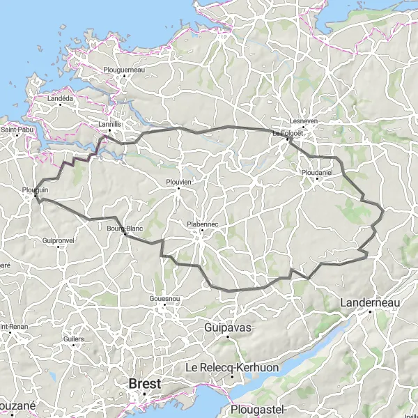 Miniature de la carte de l'inspiration cycliste "Boucle de Kernilis - Trémaouézan" dans la Bretagne, France. Générée par le planificateur d'itinéraire cycliste Tarmacs.app