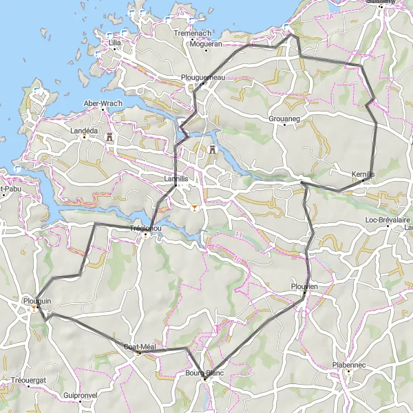 Miniature de la carte de l'inspiration cycliste "Parcours pittoresque entre Lannilis et Bourg-Blanc" dans la Bretagne, France. Générée par le planificateur d'itinéraire cycliste Tarmacs.app