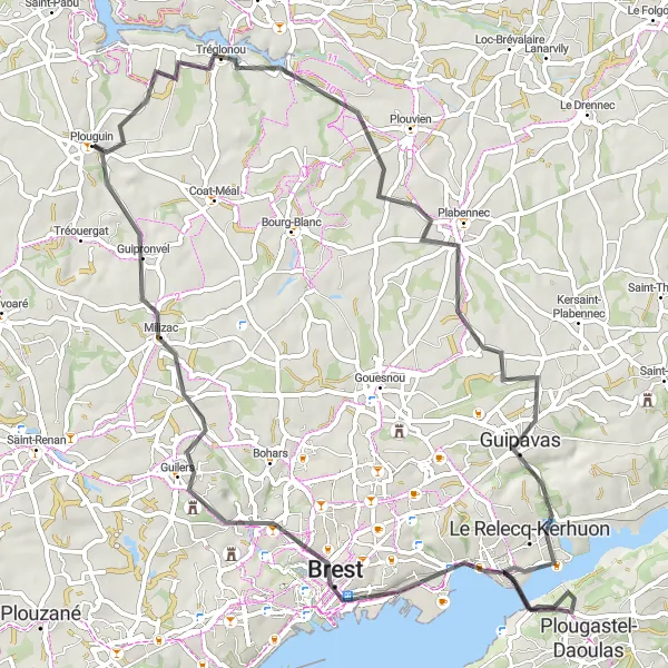 Miniature de la carte de l'inspiration cycliste "Parcours vers Brest et Guipronvel" dans la Bretagne, France. Générée par le planificateur d'itinéraire cycliste Tarmacs.app