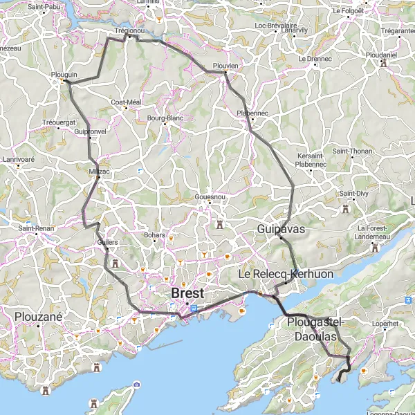 Miniature de la carte de l'inspiration cycliste "Tour de Brest et ses environs" dans la Bretagne, France. Générée par le planificateur d'itinéraire cycliste Tarmacs.app