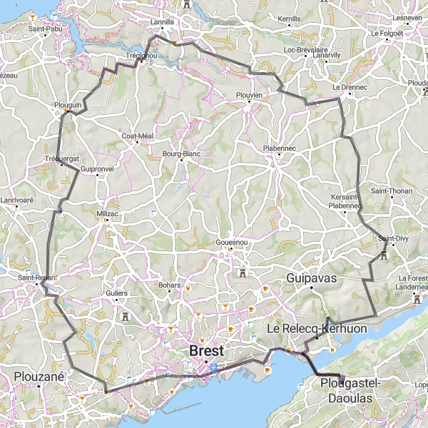 Miniature de la carte de l'inspiration cycliste "Escapade à vélo à Tréglonou et Saint-Renan" dans la Bretagne, France. Générée par le planificateur d'itinéraire cycliste Tarmacs.app