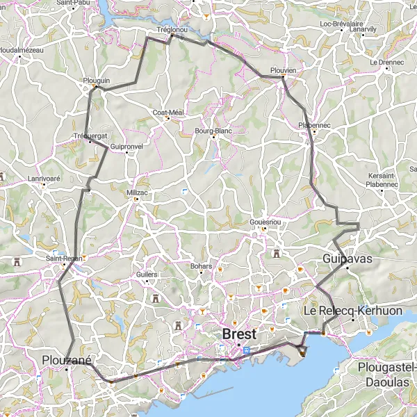 Miniature de la carte de l'inspiration cycliste "Parcours cycliste entre Plouvien et Tréouergat" dans la Bretagne, France. Générée par le planificateur d'itinéraire cycliste Tarmacs.app