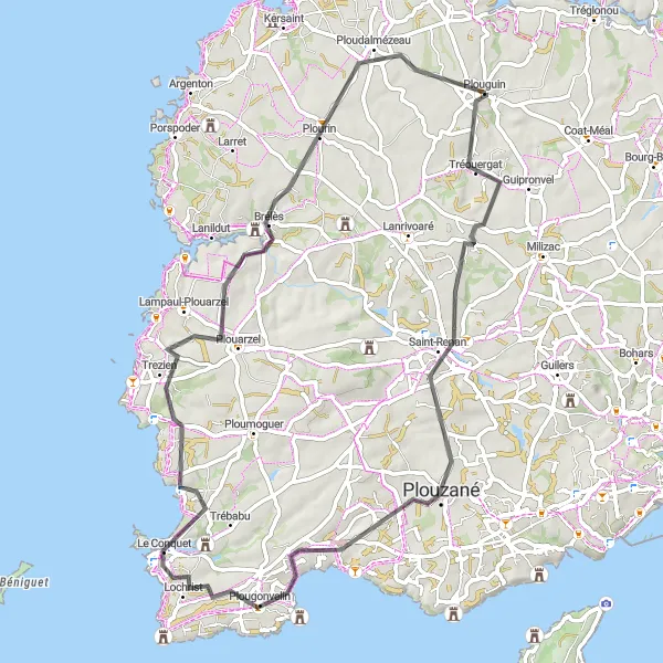 Miniature de la carte de l'inspiration cycliste "Tour à vélo à Tréouergat et Le Conquet" dans la Bretagne, France. Générée par le planificateur d'itinéraire cycliste Tarmacs.app