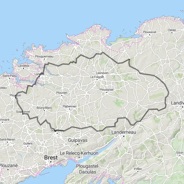 Miniature de la carte de l'inspiration cycliste "Parcours à Saint-Divy - Guipronvel" dans la Bretagne, France. Générée par le planificateur d'itinéraire cycliste Tarmacs.app