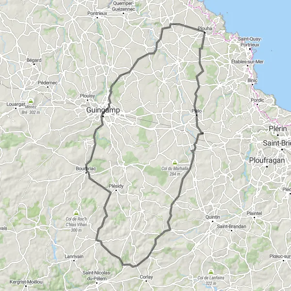 Map miniature of "Plélo Adventure" cycling inspiration in Bretagne, France. Generated by Tarmacs.app cycling route planner