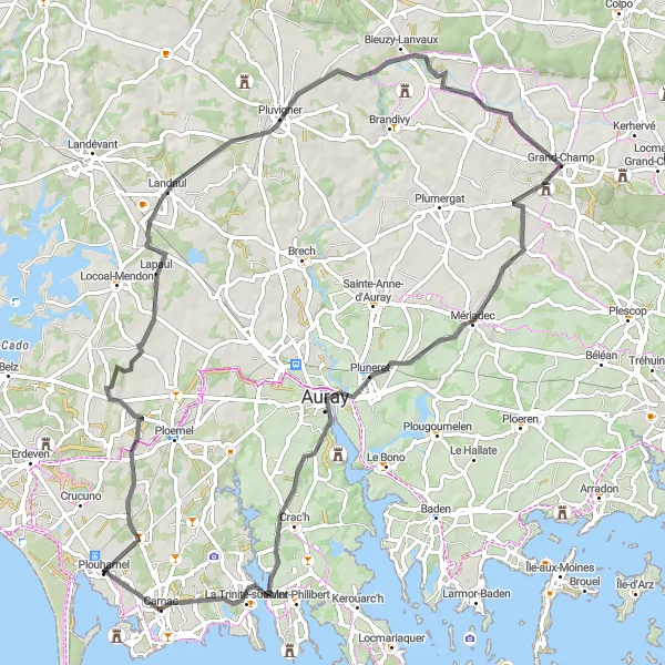 Miniature de la carte de l'inspiration cycliste "Exploration de la campagne bretonne" dans la Bretagne, France. Générée par le planificateur d'itinéraire cycliste Tarmacs.app