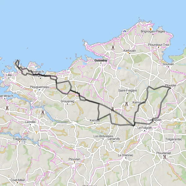 Map miniature of "Road Cycling Route from Plouider to Kernilis" cycling inspiration in Bretagne, France. Generated by Tarmacs.app cycling route planner