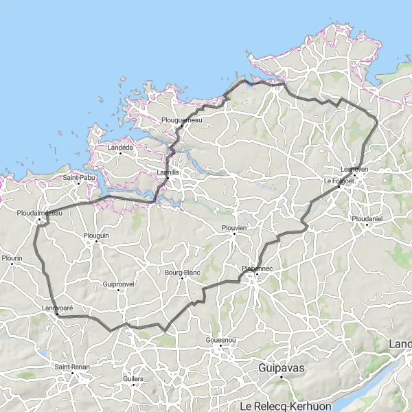 Miniature de la carte de l'inspiration cycliste "Boucle autour de Plouguerneau" dans la Bretagne, France. Générée par le planificateur d'itinéraire cycliste Tarmacs.app