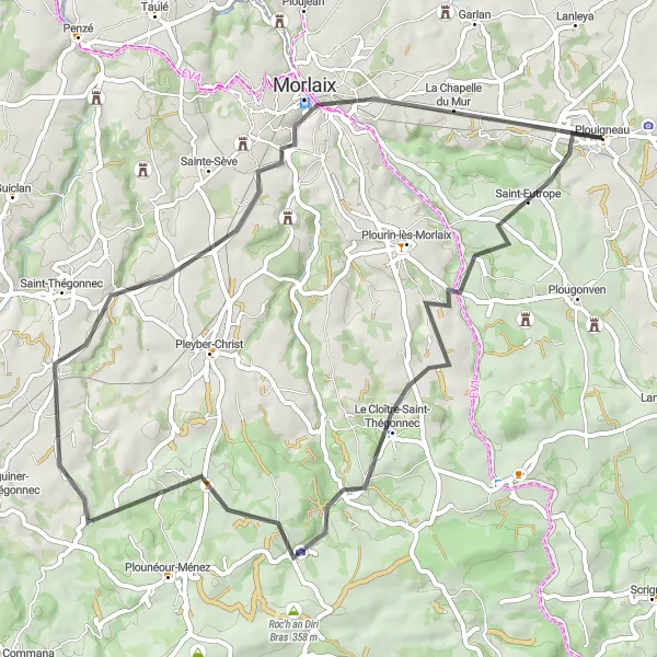 Map miniature of "Plouigneau to the Abbey" cycling inspiration in Bretagne, France. Generated by Tarmacs.app cycling route planner