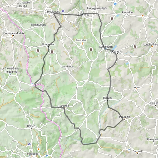 Map miniature of "Guerlesquin Exploration" cycling inspiration in Bretagne, France. Generated by Tarmacs.app cycling route planner