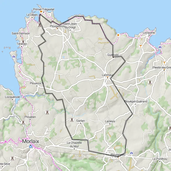 Miniature de la carte de l'inspiration cycliste "Boucle de Plouigneau à Lanmeur" dans la Bretagne, France. Générée par le planificateur d'itinéraire cycliste Tarmacs.app