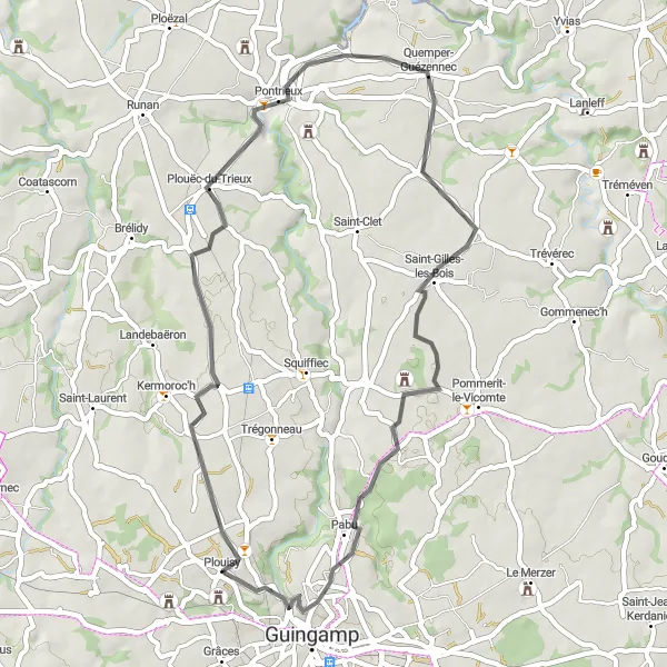 Miniature de la carte de l'inspiration cycliste "Exploration de Plouëc-du-Trieux et au-delà" dans la Bretagne, France. Générée par le planificateur d'itinéraire cycliste Tarmacs.app
