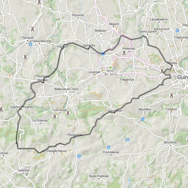 Map miniature of "Plouisy - Plounévez-Moëdec Loop" cycling inspiration in Bretagne, France. Generated by Tarmacs.app cycling route planner