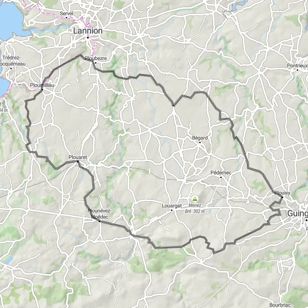 Map miniature of "Kernabat and Belle-Isle-en-Terre Circuit" cycling inspiration in Bretagne, France. Generated by Tarmacs.app cycling route planner