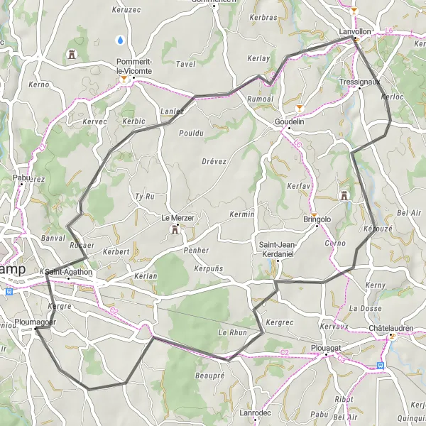 Miniature de la carte de l'inspiration cycliste "Boucle de Lanvollon" dans la Bretagne, France. Générée par le planificateur d'itinéraire cycliste Tarmacs.app