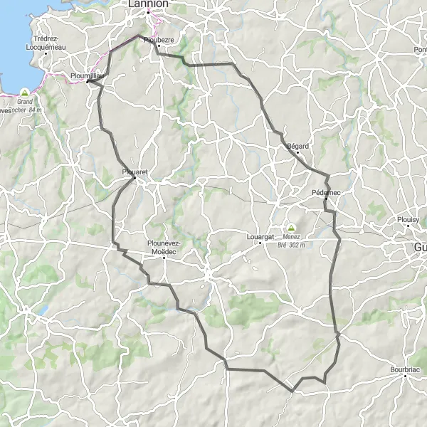 Miniature de la carte de l'inspiration cycliste "Aventure cycliste au départ de Ploumilliau" dans la Bretagne, France. Générée par le planificateur d'itinéraire cycliste Tarmacs.app