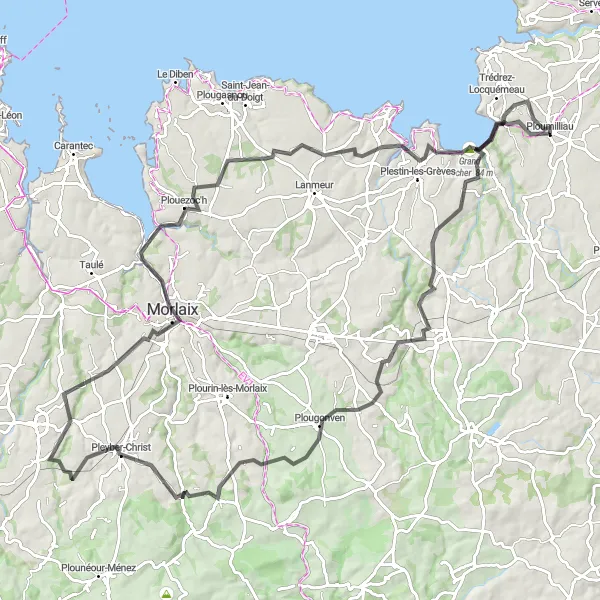 Miniature de la carte de l'inspiration cycliste "Parcours épique dans les environs de Ploumilliau" dans la Bretagne, France. Générée par le planificateur d'itinéraire cycliste Tarmacs.app
