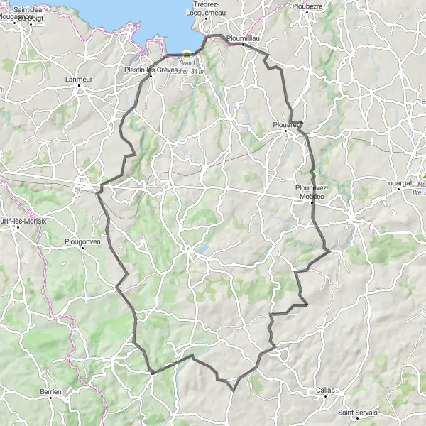 Miniature de la carte de l'inspiration cycliste "Le Vieux-Marché to Ploumilliau Cycling Route" dans la Bretagne, France. Générée par le planificateur d'itinéraire cycliste Tarmacs.app