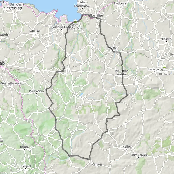 Miniature de la carte de l'inspiration cycliste "La Boucle des Montagnes Bretonnes" dans la Bretagne, France. Générée par le planificateur d'itinéraire cycliste Tarmacs.app