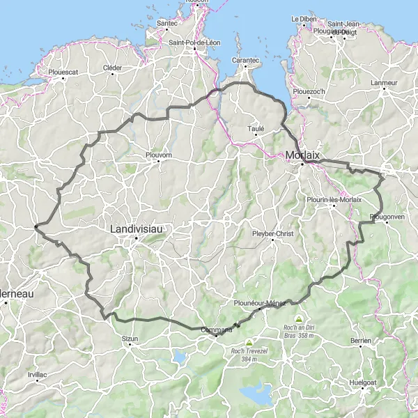 Map miniature of "The Saint-Vougay Adventure" cycling inspiration in Bretagne, France. Generated by Tarmacs.app cycling route planner