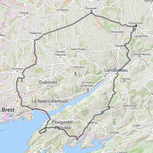 Map miniature of "The Moulin Blanc Excursion" cycling inspiration in Bretagne, France. Generated by Tarmacs.app cycling route planner