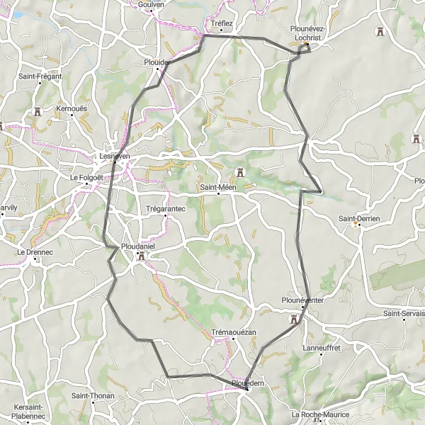 Miniature de la carte de l'inspiration cycliste "Parcours Champêtre de Lanhouarneau" dans la Bretagne, France. Générée par le planificateur d'itinéraire cycliste Tarmacs.app