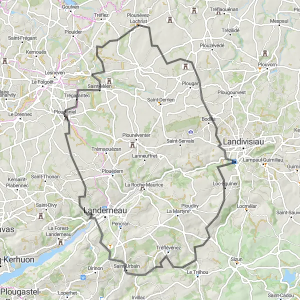 Map miniature of "Mountains and Coast" cycling inspiration in Bretagne, France. Generated by Tarmacs.app cycling route planner